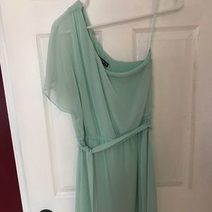 Light blue one shoulder mini dress.
